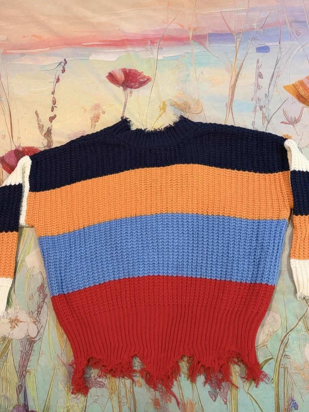 🧡💙 Main Strip Color Block Distressed Sweater | Size M | Boho Chunky Knit | NWT